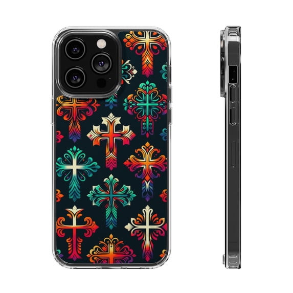DistinctInk Clear Hybrid Case for Apple iPhone 14 Plus (6.7" Screen) - Vibrant Christian Crosses: Bold Contrast Patterns - Raised Bezel Screen Guard