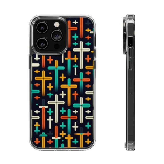 DistinctInk Hybrid (Acrylic / TPU) Clear Slim Fit Case for Apple iPhone 14 PLUS (6.7" Screen) - "Vibrant Christian Crosses on Deep Black"