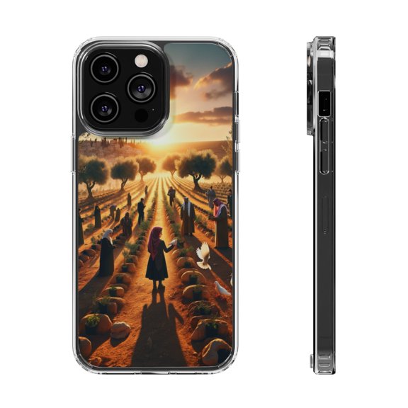 DistinctInk Hybrid (Acrylic / TPU) Clear Slim Fit Case for Apple iPhone 14 Pro (6.1" Screen) - "Harmony Through Unity: Planting Olive Trees"