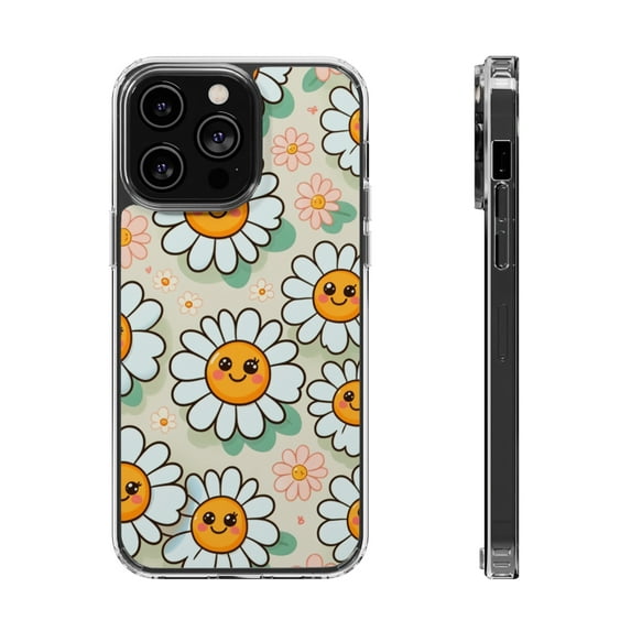 DistinctInk Hybrid (Acrylic / TPU) Clear Slim Fit Case for Apple iPhone 14 Pro (6.1" Screen) - "Joyful Daisies: A Lively Cartoon Pattern"