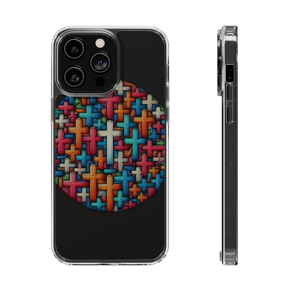 DistinctInk Clear Hybrid Case for Apple iPhone 14 Pro (6.1" Screen) - Radiant Christian Crosses on Dark Canvas - Wireless Charging Compatible