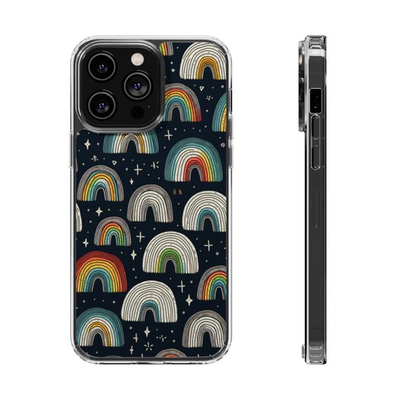 DistinctInk Hybrid (Acrylic / TPU) Clear Slim Fit Case for Apple iPhone 14 Pro (6.1" Screen) - "Vibrant Hand-Drawn Rainbows on Black"