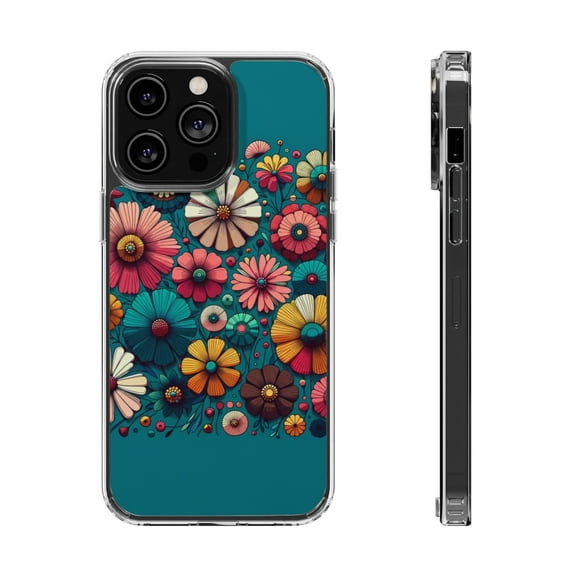 DistinctInk Clear Hybrid Case for Apple iPhone 14 Pro (6.1" Screen) - Vibrant Spring Flowers Against Teal Background - Raised Bezel Screen Guard
