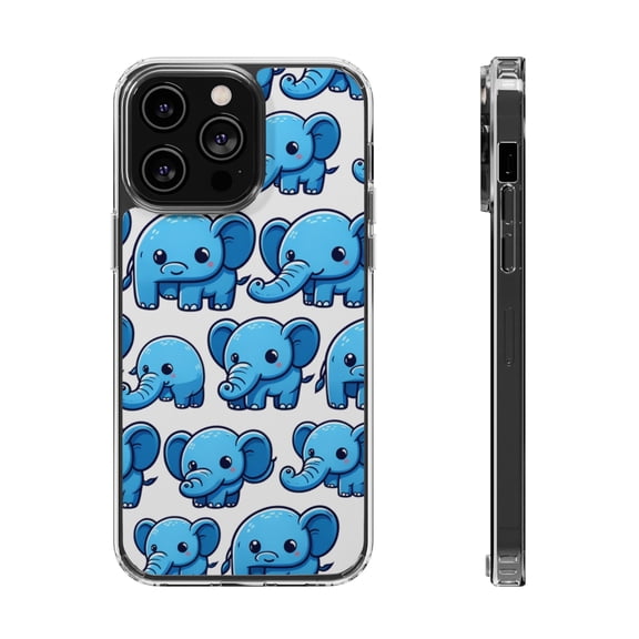 DistinctInk Clear Hybrid Case for Apple iPhone 14 Pro (6.1" Screen) - Whimsical Blue Elephant Medley Pattern - Slim Profile Design