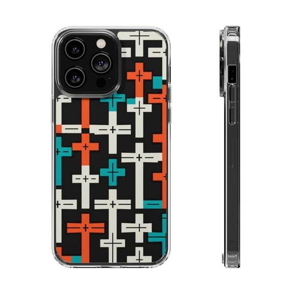 DistinctInk Clear Hybrid Case for Apple iPhone 14 Pro Max (6.7" Screen) - Brightly Colored Christian Cross Pattern - Shockproof Protection