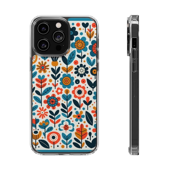 DistinctInk Clear Hybrid Case for Apple iPhone 14 Pro Max (6.7" Screen) - Infinite Whimsical Cartoon Flower Harmony - Wireless Charging Compatible