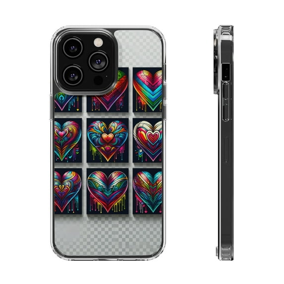 DistinctInk Hybrid (Acrylic / TPU) Clear Slim Fit Case for Apple iPhone 14 Pro MAX (6.7" Screen) - "Rainbow Prism Hearts: Vibrant and Intricate"