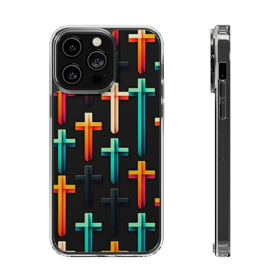 DistinctInk Hybrid (Acrylic / TPU) Clear Slim Fit Case for Apple iPhone 14 Pro MAX (6.7" Screen) - Title: "Vibrant Reverence: A Bold Cross Pattern"