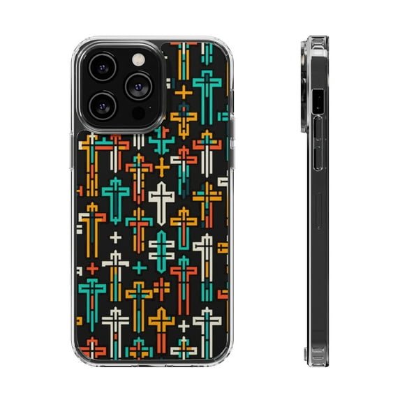 DistinctInk Clear Hybrid Case for Apple iPhone 14 Pro Max (6.7" Screen) - Vibrant Christian Crosses on Black Background - Raised Bezel Screen Guard