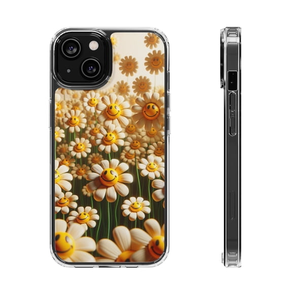 DistinctInk Hybrid (Acrylic / TPU) Clear Slim Fit Case for Apple iPhone 15 (6.1" Screen) - "Dancing Smiley Daisies: A Floral Delight"