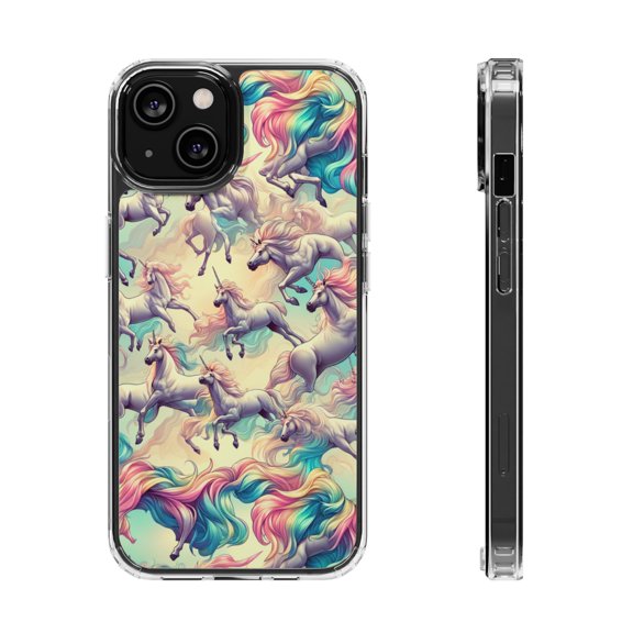 DistinctInk Hybrid (Acrylic / TPU) Clear Slim Fit Case for Apple iPhone 15 (6.1" Screen) - "Enchanting Unicorn Prance: A Majestic Rainbow Pattern"