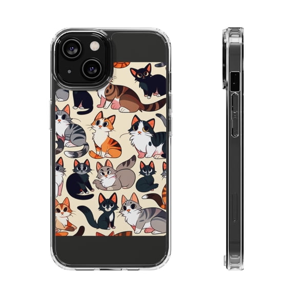 DistinctInk Hybrid (Acrylic / TPU) Clear Slim Fit Case for Apple iPhone 15 (6.1" Screen) - "Feline Extravaganza: A Playful Cartoon Cat Pattern"