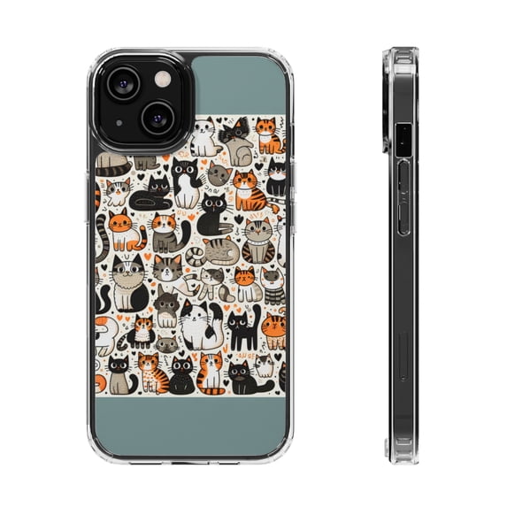 DistinctInk Clear Hybrid Case for Apple iPhone 15 (6.1" Screen) - Feline Frenzy: Whimsical Cats in Patterns - Raised Bezel Screen Guard