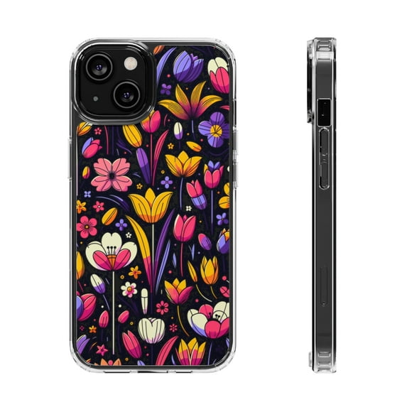DistinctInk Clear Hybrid Case for Apple iPhone 15 (6.1" Screen) - Playful Blooms: Cartoon-Style Spring Garden Design - Wireless Charging Compatible