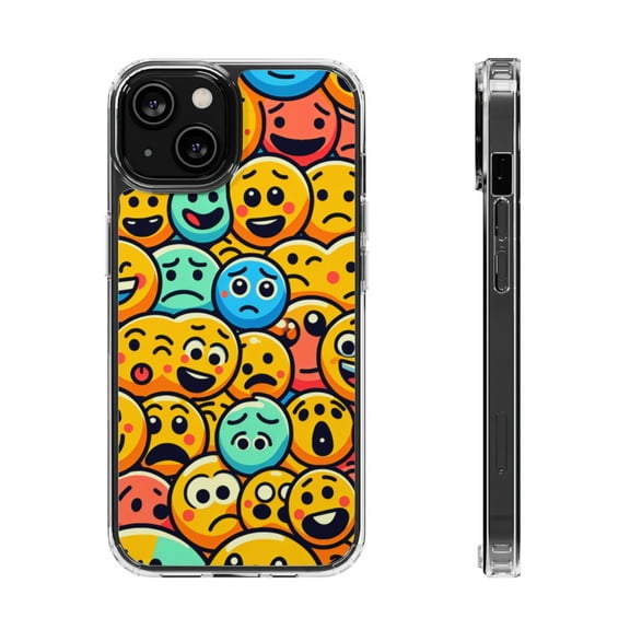 DistinctInk Hybrid (Acrylic / TPU) Clear Slim Fit Case for Apple iPhone 15 (6.1" Screen) - "Playful Cartoon Smiley Faces Pattern"