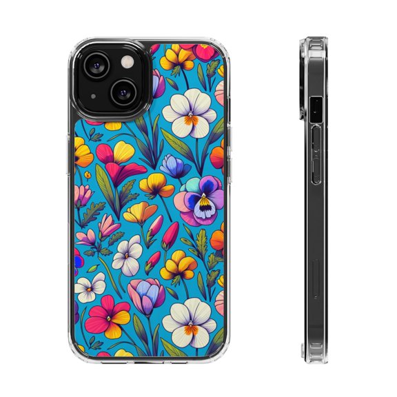 DistinctInk Clear Hybrid Case for Apple iPhone 15 (6.1" Screen) - Spring Blossoms: Vibrant, Minimalistic Floral Pattern - Lightweight Grip