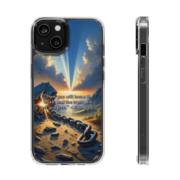 DistinctInk Hybrid (Acrylic / TPU) Clear Slim Fit Case for Apple iPhone 15 (6.1" Screen) - "The Truth Shall Set You Free" - John 8:32