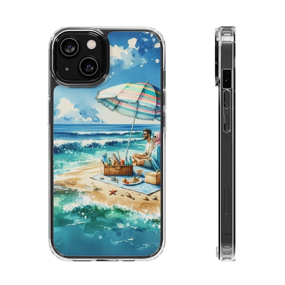 DistinctInk Hybrid (Acrylic / TPU) Clear Slim Fit Case for Apple iPhone 15 (6.1" Screen) - "Tranquil Coastal Escape: A Sunny Beach"