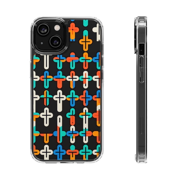 DistinctInk Clear Hybrid Case for Apple iPhone 15 (6.1" Screen) - Vibrant Christian Crosses on Bold Background - Shockproof Protection