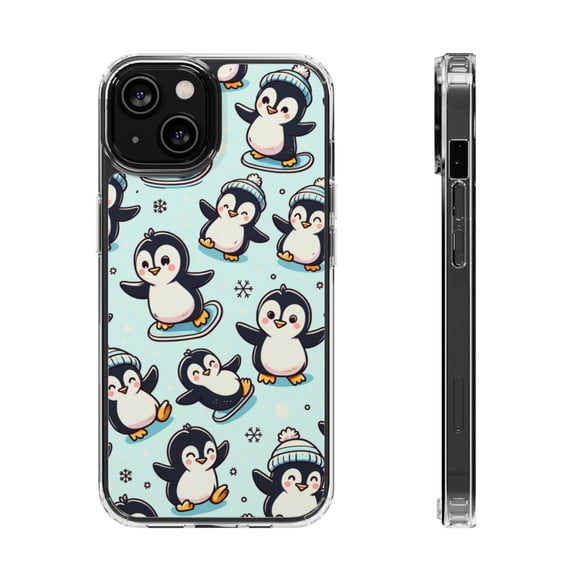 DistinctInk Clear Hybrid Case for Apple iPhone 15 (6.1" Screen) - Whimsical Waddlers: Adorable Cartoon Penguin Pattern - Slim Profile Design
