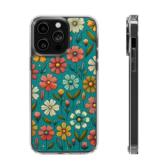 DistinctInk Hybrid (Acrylic / TPU) Clear Slim Fit Case for Apple iPhone 15 PLUS (6.7" Screen) - "Bright Blooms on Teal: A Lively Spring Pattern"
