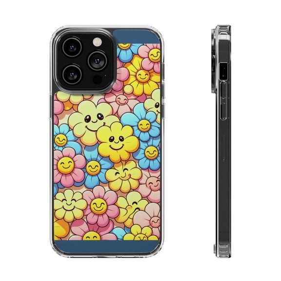 DistinctInk Hybrid (Acrylic / TPU) Clear Slim Fit Case for Apple iPhone 15 PLUS (6.7" Screen) - "Bursting Petals: A Joyful Cartoon Floral Pattern"