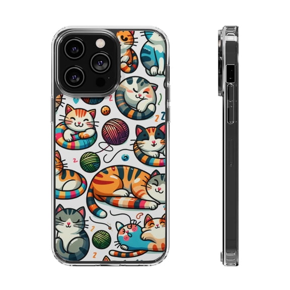 DistinctInk Clear Hybrid Case for Apple iPhone 15 Plus (6.7" Screen) - Colorful Cats and Yarn Playfulness - Wireless Charging Compatible