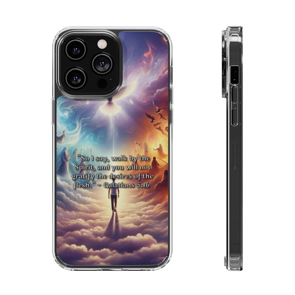 DistinctInk Hybrid (Acrylic / TPU) Clear Slim Fit Case for Apple iPhone 15 PLUS (6.7" Screen) - "Galatians 5:16 - Walking by the Spirit's Guidance"