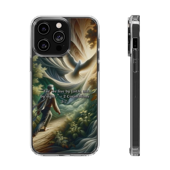DistinctInk Clear Hybrid Case for Apple iPhone 15 Plus (6.7" Screen) - Living by Faith: 2 Corinthians 5:7, NIV - Shockproof Protection