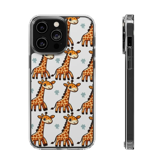 DistinctInk Clear Hybrid Case for Apple iPhone 15 Plus (6.7" Screen) - Tall and Spotty: Playful Giraffe Pattern - Slim Profile Design
