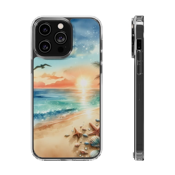 DistinctInk Clear Hybrid Case for Apple iPhone 15 Plus (6.7" Screen) - Tranquil Beach Oasis: Watercolor Serenity - Raised Bezel Screen Guard