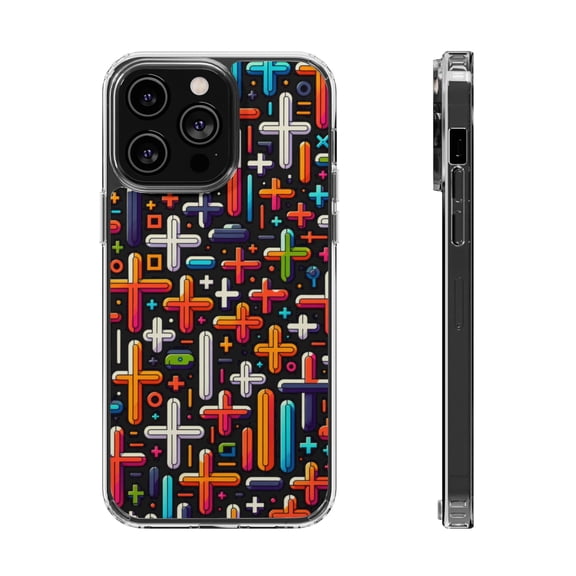 DistinctInk Clear Hybrid Case for Apple iPhone 15 Plus (6.7" Screen) - Vibrant Crosses: Minimalistic Pattern on Black - Shockproof Protection