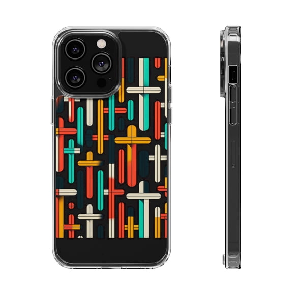 DistinctInk Clear Hybrid Case for Apple iPhone 15 Plus (6.7" Screen) - Vibrant Harmony: Bold Crosses on Black - Tempered Glass Back