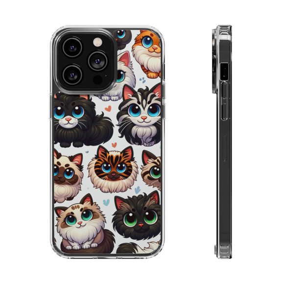 DistinctInk Clear Hybrid Case for Apple iPhone 15 Plus (6.7" Screen) - Whimsical Array: Playful Cartoon Cats Pattern - Tempered Glass Back