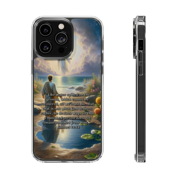 DistinctInk Clear Hybrid Case for Apple iPhone 15 Pro (6.1" Screen) - God's Redemption Plan: 2 Samuel 14:14 - Wireless Charging Compatible