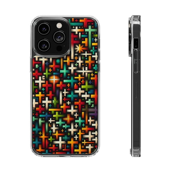 DistinctInk Clear Hybrid Case for Apple iPhone 15 Pro (6.1" Screen) - Infinite Vibrant Christian Crosses: Endless Devotion - Raised Bezel Screen Guard