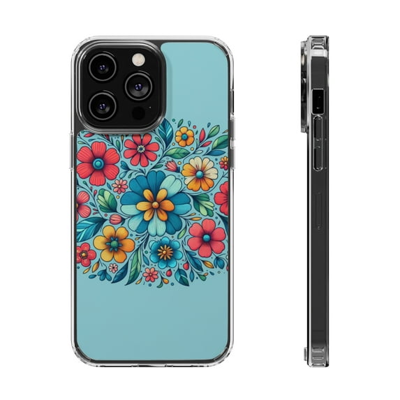 DistinctInk Hybrid (Acrylic / TPU) Clear Slim Fit Case for Apple iPhone 15 Pro (6.1" Screen) - "Minimalist Cartoon Spring Flowers on Blue"