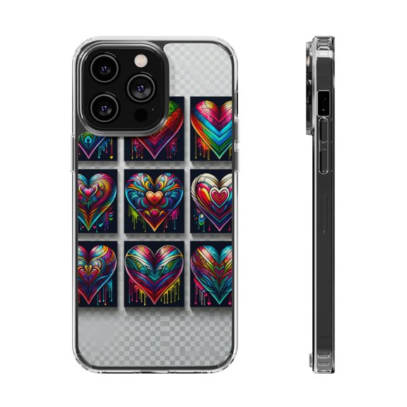 DistinctInk Hybrid (Acrylic / TPU) Clear Slim Fit Case for Apple iPhone 15 Pro (6.1" Screen) - "Rainbow Prism Hearts: Vibrant and Intricate"