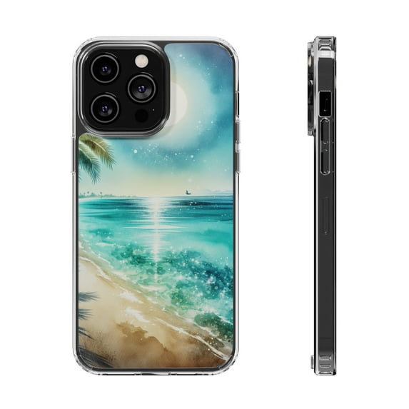 DistinctInk Hybrid (Acrylic / TPU) Clear Slim Fit Case for Apple iPhone 15 Pro (6.1" Screen) - "Serene Beach Bliss: A Watercolor Oasis"