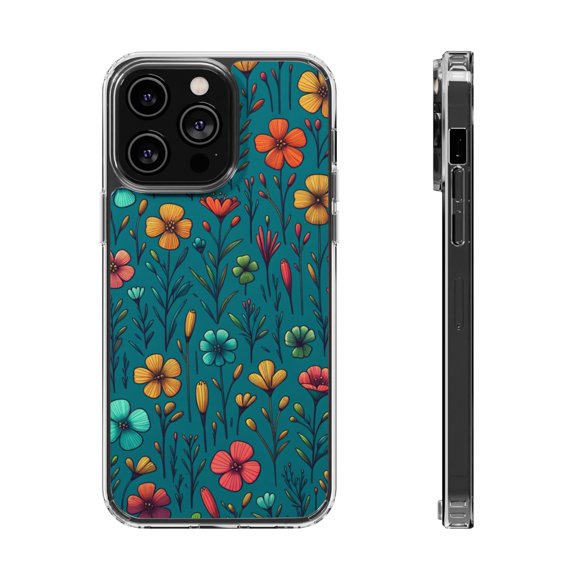 DistinctInk Hybrid (Acrylic / TPU) Clear Slim Fit Case for Apple iPhone 15 Pro (6.1" Screen) - "Vibrant Spring Blossoms on Teal Background"