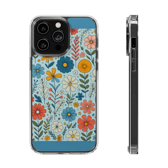 DistinctInk Clear Hybrid Case for Apple iPhone 15 Pro Max (6.7" Screen) - Cartoon Spring Flowers Dance on Blue - Tempered Glass Back