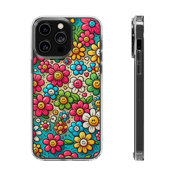 DistinctInk Hybrid (Acrylic / TPU) Clear Slim Fit Case for Apple iPhone 15 Pro MAX (6.7" Screen) - "Cheerful Smilin' Flowers: A Delightful Pattern"
