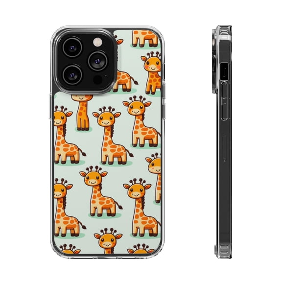 DistinctInk Clear Hybrid Case for Apple iPhone 15 Pro Max (6.7" Screen) - Giraffe Fun: Playful Cartoon Pattern Designs - Raised Bezel Screen Guard
