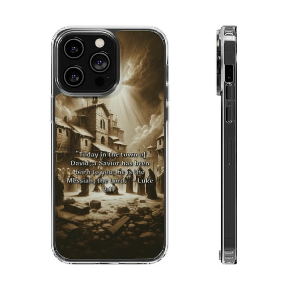 DistinctInk Hybrid (Acrylic / TPU) Clear Slim Fit Case for Apple iPhone 15 Pro MAX (6.7" Screen) - "The Birth of the Savior - Luke 2:11"