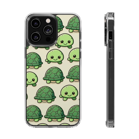 DistinctInk Clear Hybrid Case for Apple iPhone 15 Pro Max (6.7" Screen) - Whimsical Turtle Parade: A Playful Pattern - Tempered Glass Back