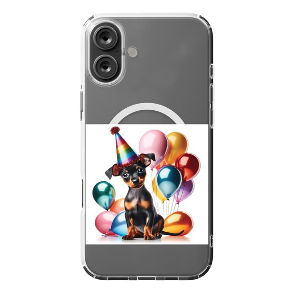 DistinctInk MagSafe Clear Case for Apple iPhone 16 Plus (6.7" Screen) - Birthday Miniature Pinscher puppy - Wireless Charging Compatible