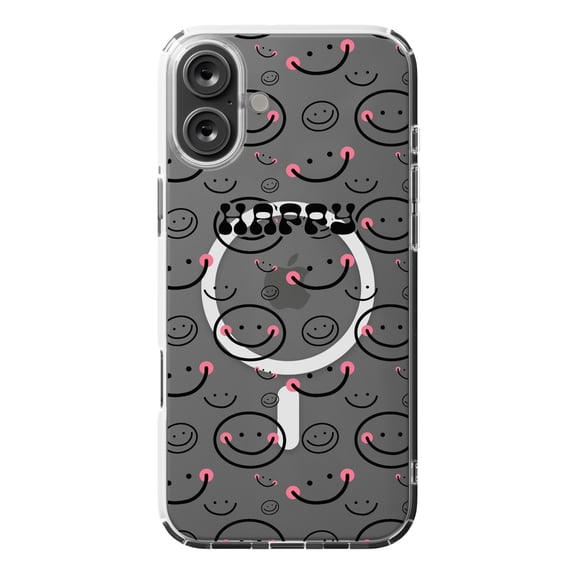 DistinctInk Hybrid Case for iPhone 16 PLUS - Slim, Durable, Compatible with MagSafe Charging - Black Pink Happy Smiley Faces