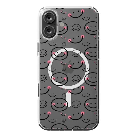 DistinctInk Hybrid Case for iPhone 16 PLUS - Slim, Durable, Compatible with MagSafe Charging - Black Pink Smiley Happy Faces