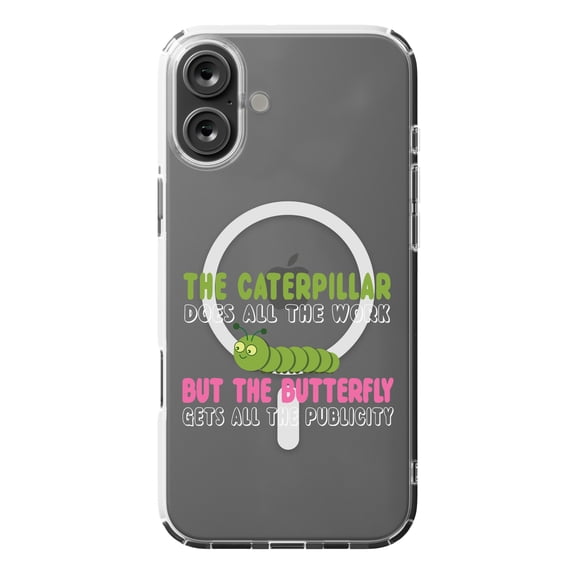 DistinctInk Hybrid Case for iPhone 16 PLUS - Slim, Durable, Compatible with MagSafe Charging - Caterpillar Does Work, Butterfly Publicity