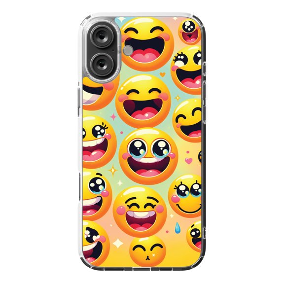 DistinctInk Hybrid Case for iPhone 16 PLUS - Slim, Durable, Compatible with MagSafe Charging - Delightful Array: Vibrant Cartoon Smiley Faces